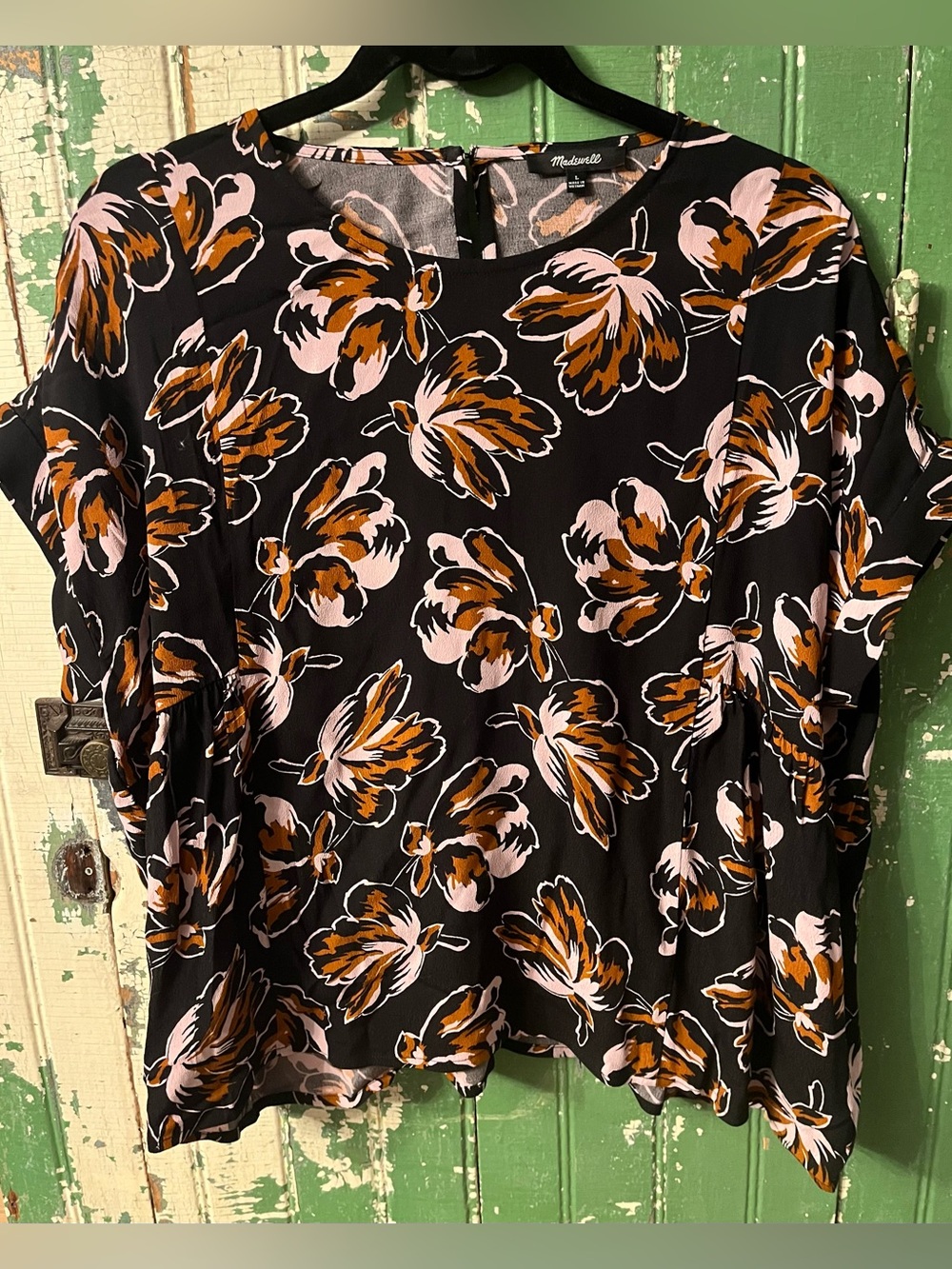 Madewell Top Black Floral Short-Sleeve Blouse - Floral Print Size Large
